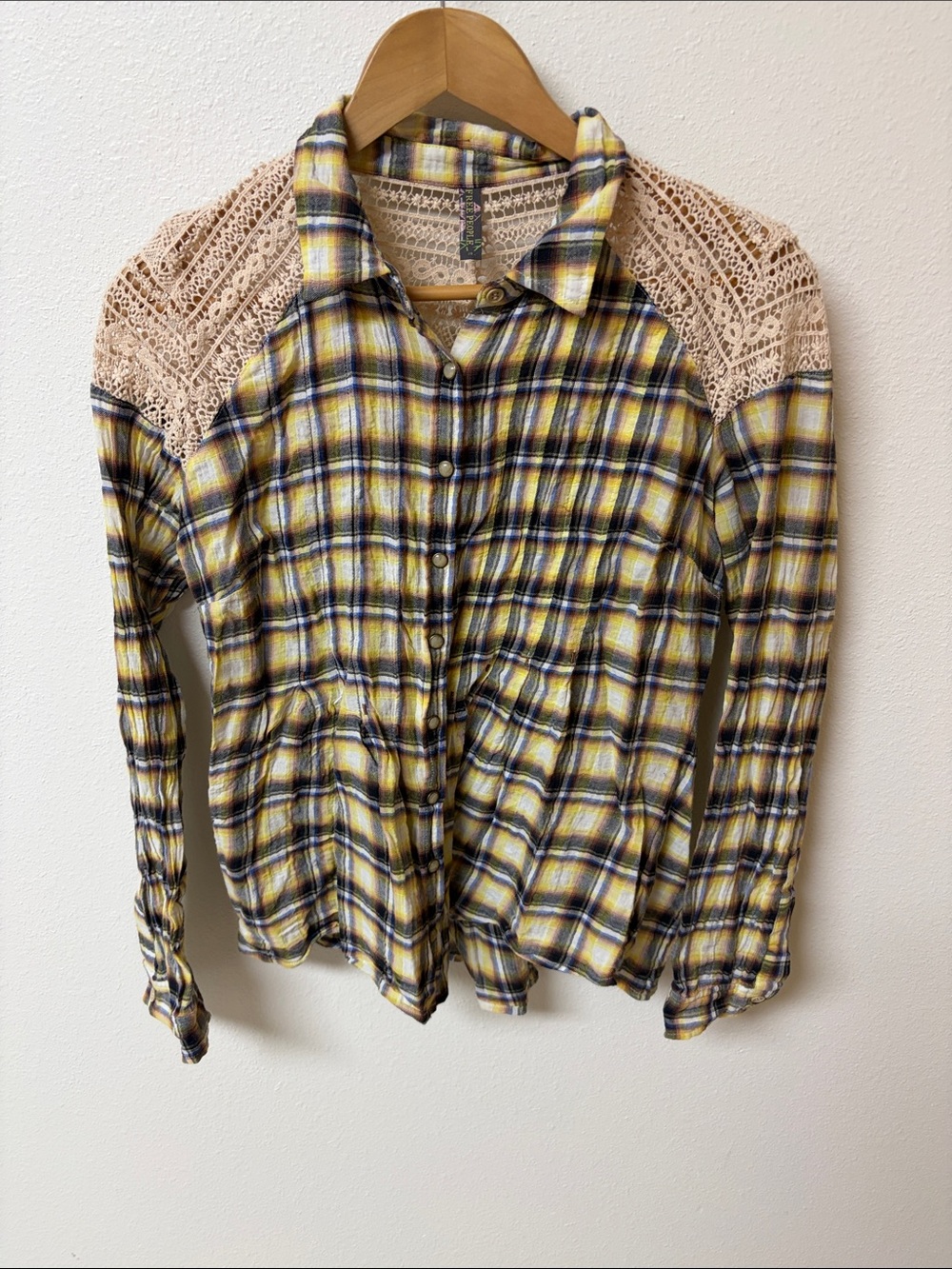 Free People Yellow Plaid Button-Down with Lace Shoulders